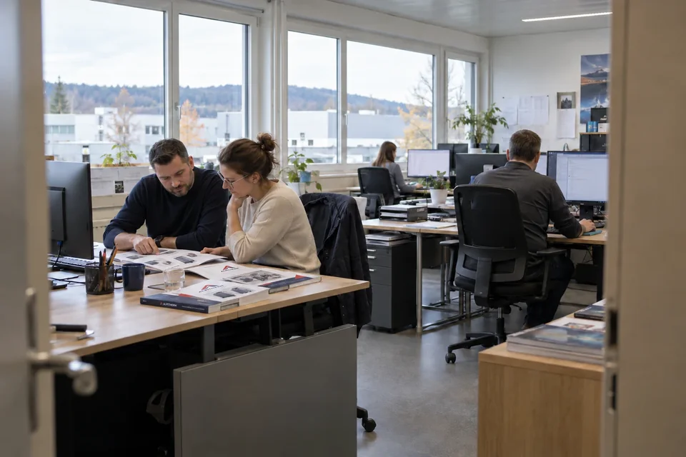 Illustrative office scene with colleagues reviewing ALPITHERM catalogues